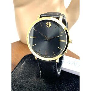 Movado Womens Watch 0607091 Ultra Slim Black Dial Swiss Quartz Gold Leather 35mm